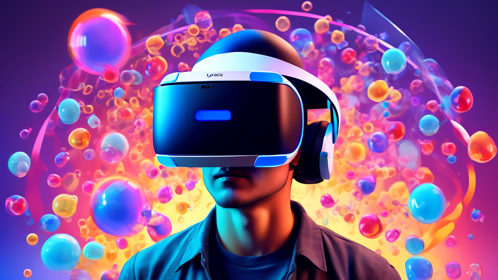 Create an image depicting a PlayStation VR headset surrounded by user reviews and ratings bubbles, industry expert quotes, and a balance scale comparing cost and value, with alternative VR options in the background. The image should convey the theme of evaluating whether the PlayStation VR is worth its price.