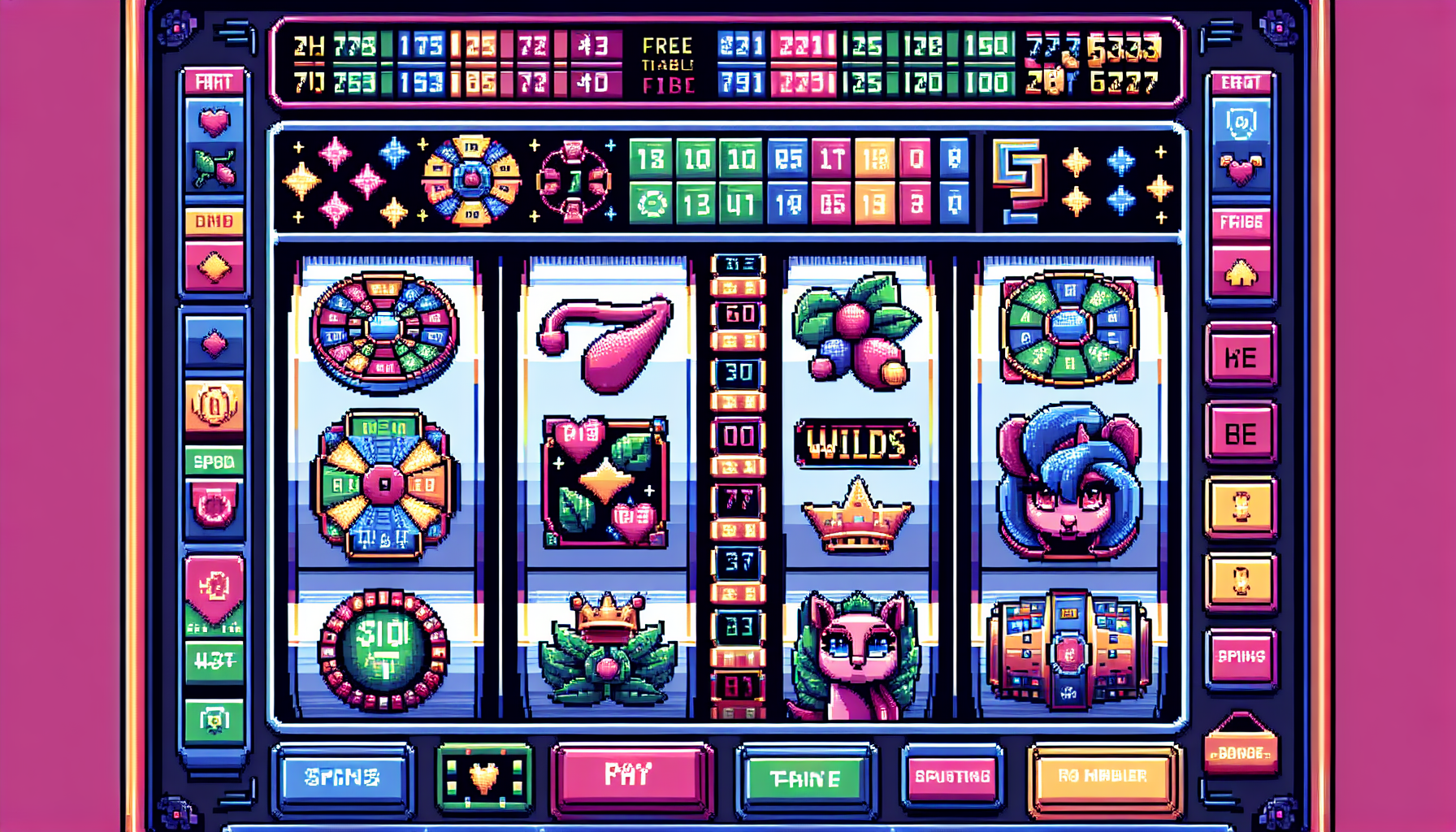 Prompt for DALL-E:

Create a detailed image of a modern slot machine interface that highlights its key features and symbols. Show a variety of common symbols such as wilds, scatters, and bonus icons on the reels. Include elements of special features like free spins and multipliers. Additionally, display the pay table screen, demonstrating how it provides information on payout structures and winning combinations. Make the interface vibrant and engaging to capture the excitement of playing a slot machine.