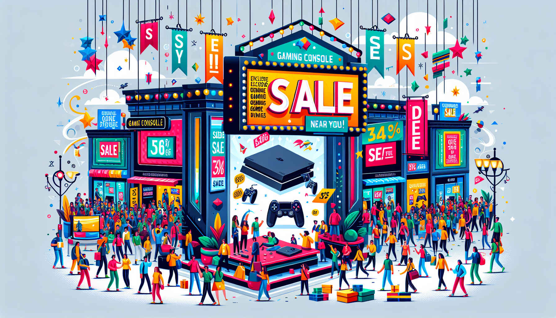 Create an image showcasing a lively retail environment during a massive sales event. Highlight banners and signs featuring discounts on PS4 consoles, crowds of enthusiastic shoppers, and a prominent display of PlayStation 4 units. Include elements like seasonal decorations if it’s a holiday sale or clear signage for a clearance event. Emphasize the buzz and excitement of snapping up exclusive deals. Make sure to have an eye-catching tagline or banner text that reads Exclusive PS4 Sales Event - Unbeatable Deals Near You!