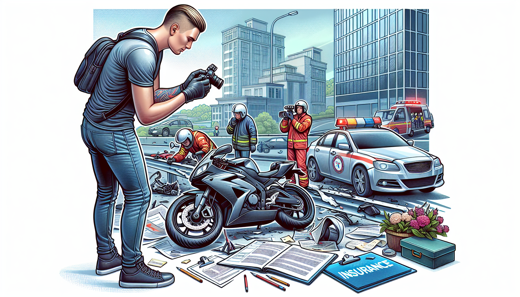 detailed illustration of a motorcyclist documenting an accident scene, including taking photos of the damage and writing notes, with visible insurance forms and a legal procedure manual nearby, emphasizing a methodical approach in a city environment to represent a step-by-step guide to filing a motorcycle accident injury claim.