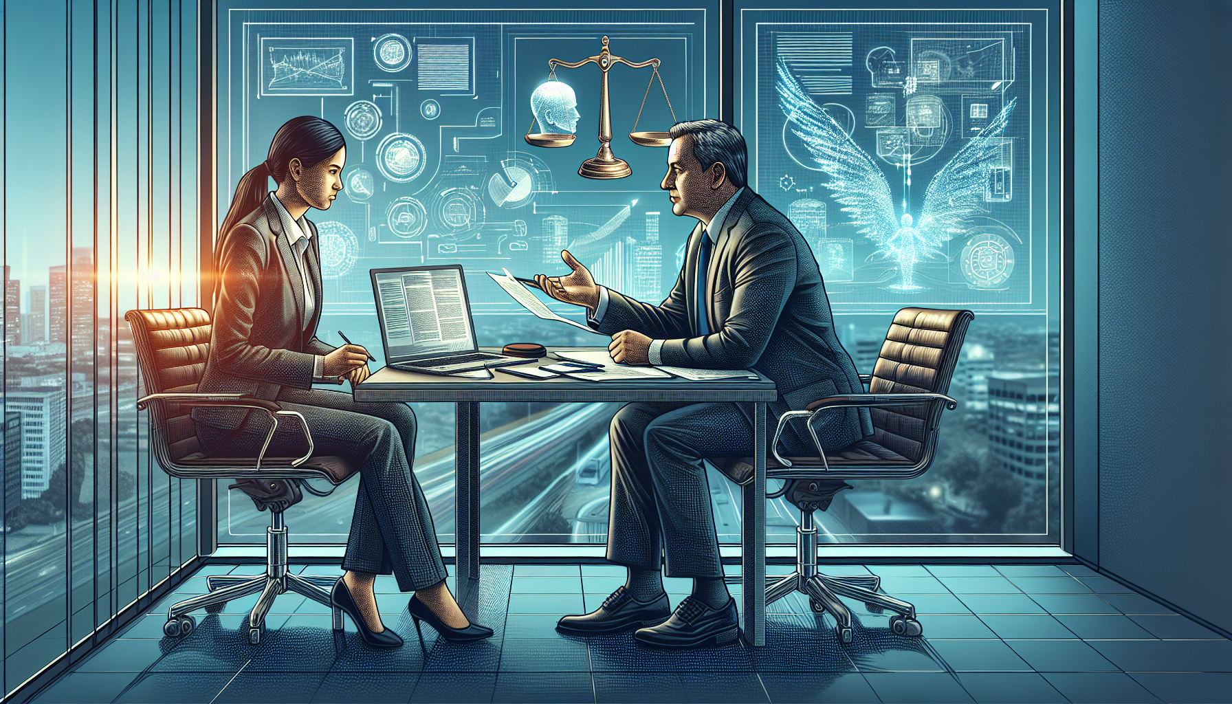 An experienced personal attorney in a business suit, consulting with a client at a modern, well-lit office table, papers and digital devices around them, showcasing analysis diagrams and legal documents relevant to a motorcycle accident injury claim. The background should subtly incorporate symbols of justice like a gavel or balance scale, emphasizing the theme of legal negotiation and strategy. Include a window view that hints at a busy city life outside, suggesting an urban setting.