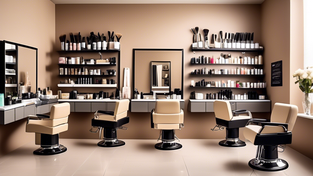 Create an image of a well-organized hair salon station with all the essential tools neatly displayed. Include various professional hairdressing tools such as foils, brushes, combs, hair clips, and mixing bowls. Show an array of recommended hair products like bleach, toners, conditioners, and shampoos specifically labeled for achieving beige blonde hair. Add a subtle background focusing on a stylist preparing their workspace, ensuring it