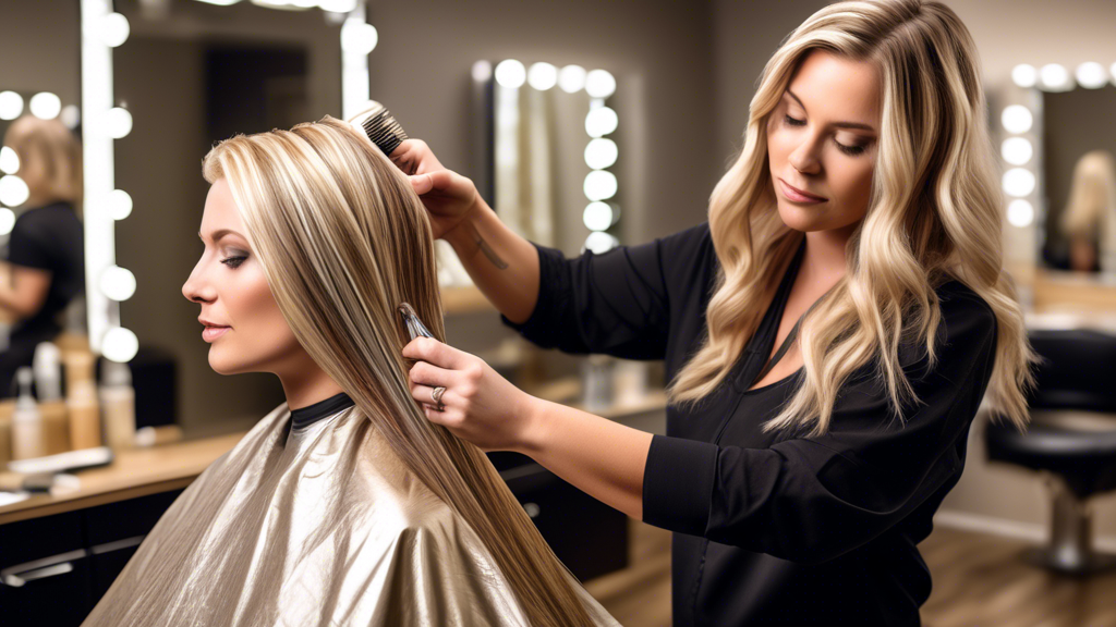 Create a detailed, salon-like scene showing a hair stylist meticulously applying beige blonde foils to a client