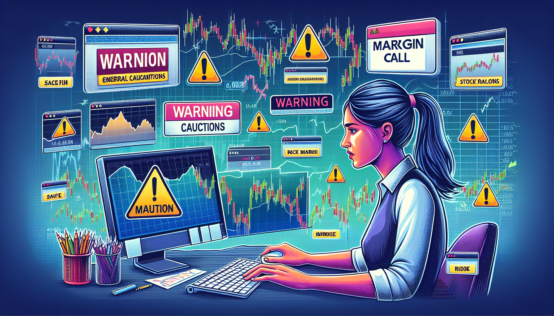 Prompt: A detailed and informative illustration depicting the risks and precautions of using a Moomoo margin account. The image should show a trader analyzing a graph on a computer screen with warning signs, like caution symbols, fluctuating stock prices, and margin call alerts. The backdrop should include financial charts and a Moomoo logo, emphasizing the need for careful risk management and best practices for safe trading. The overall tone should be informative and thoughtful.