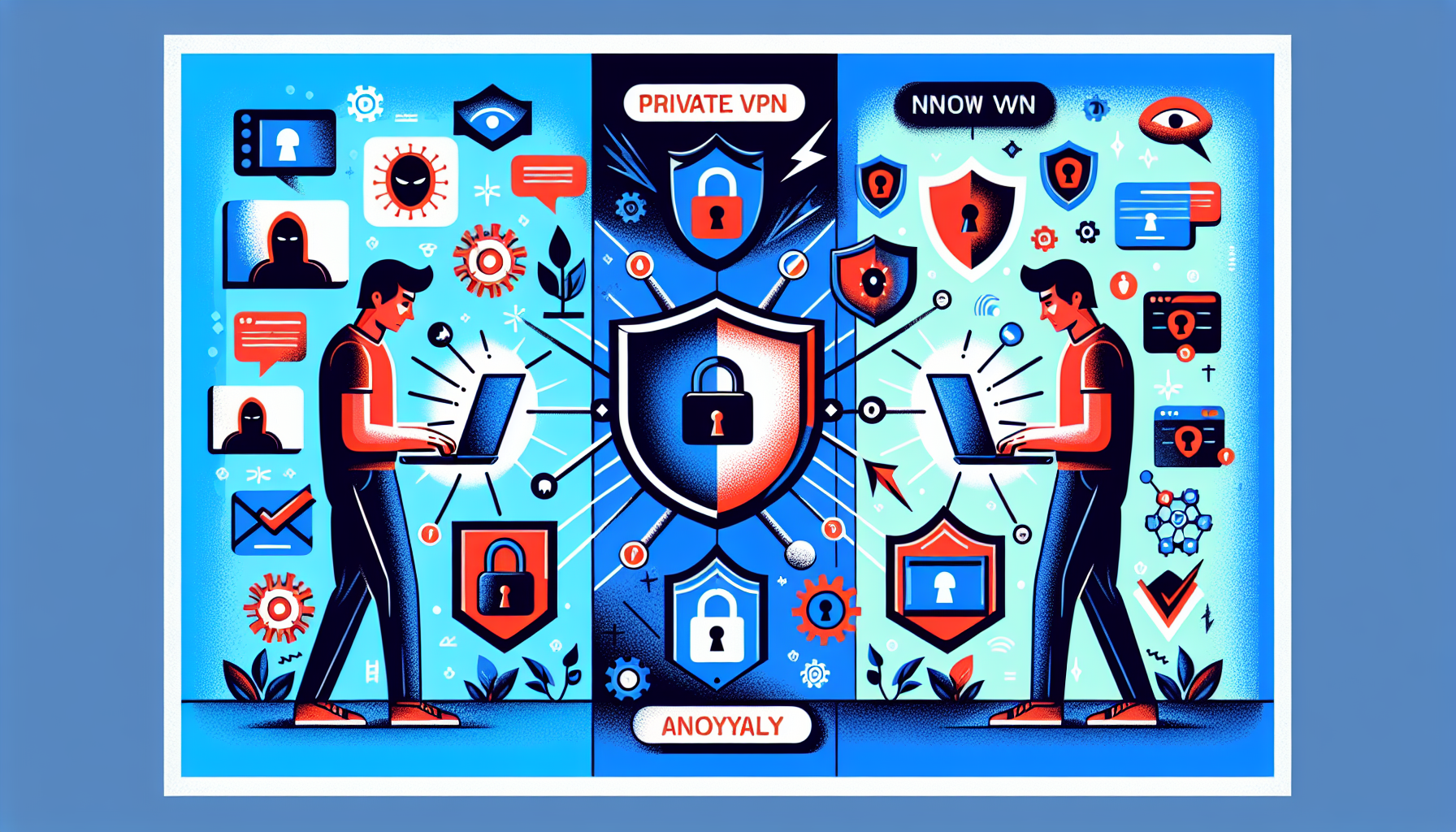 Create an image that shows the concept of internet security benefits using a private VPN. The image should feature a split-screen with two contrasting scenarios. On one side, illustrate a person using the internet without a VPN, with visible threats like hackers and data leaks. On the other side, show the same person using the internet with a private VPN activated, surrounded by symbols of privacy, security (shields and locks), and anonymous browsing. The VPN side should appear secure, private, and peaceful, highlighting the benefits of protection, prevention from cyberattacks, and safe anonymous browsing.