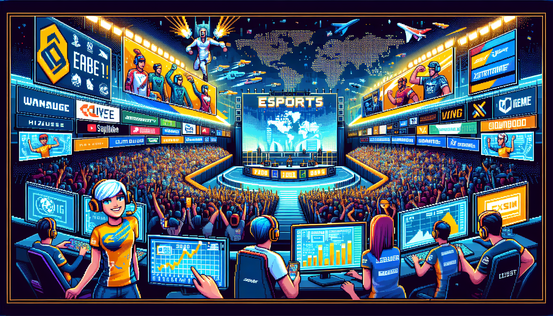 An image showcasing the business side of esports entertainment: A dynamic scene featuring a large esports arena filled with an enthusiastic audience, with banners of various sponsors prominently displayed. Inset images include a close-up of merchandise like branded jerseys and gaming accessories, an esports influencer live-streaming to a massive online audience, and graphs indicating market growth and viewership statistics. The backdrop shows a world map with highlighted regions representing key market hotspots in the esports industry.