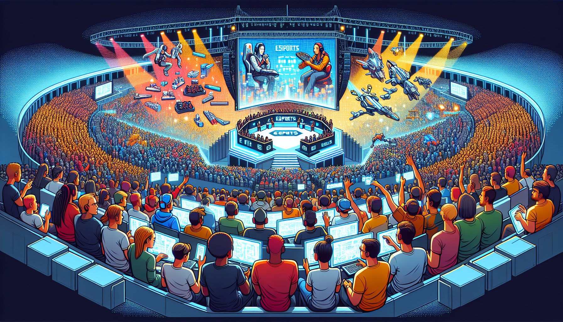 Create a DALL-E image that illustrates the cultural impact and future of esports entertainment. Picture a dynamic scene showcasing a diverse crowd of enthusiastic fans watching a high-stakes esports tournament in a massive, modern stadium. Surroundings include vibrant digital screens, immersive AR/VR experiences, and people engaging with the content via various devices, blending real-life and virtual experiences. In the background, touches of futuristic technology hint at the growth and potential of the industry, such as holographic displays and interactive avatars. Keywords: esports entertainment, cultural shift, future technology, immersive experience, diverse audience.