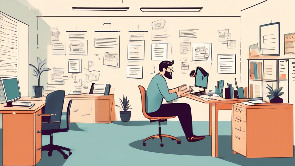 A bustling office setting with a person sitting at a desk, surrounded by papers and a laptop, conducting online research and making phone calls. Nearby, a whiteboard features checkmarks next to key questions such as 