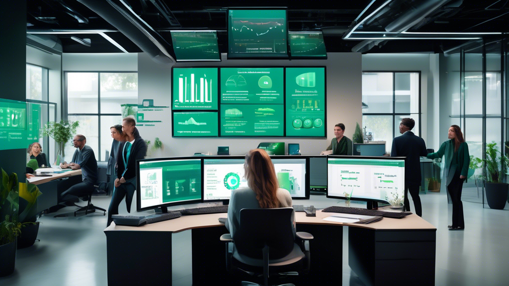 Create an image that illustrates the cost-efficiency and economic benefits of HPE GreenLake. The scene should show a business office with various team members analyzing budget reports and charts. In the foreground, there are computer monitors displaying a dashboard with real-time usage statistics and cost savings achieved through HPE GreenLake