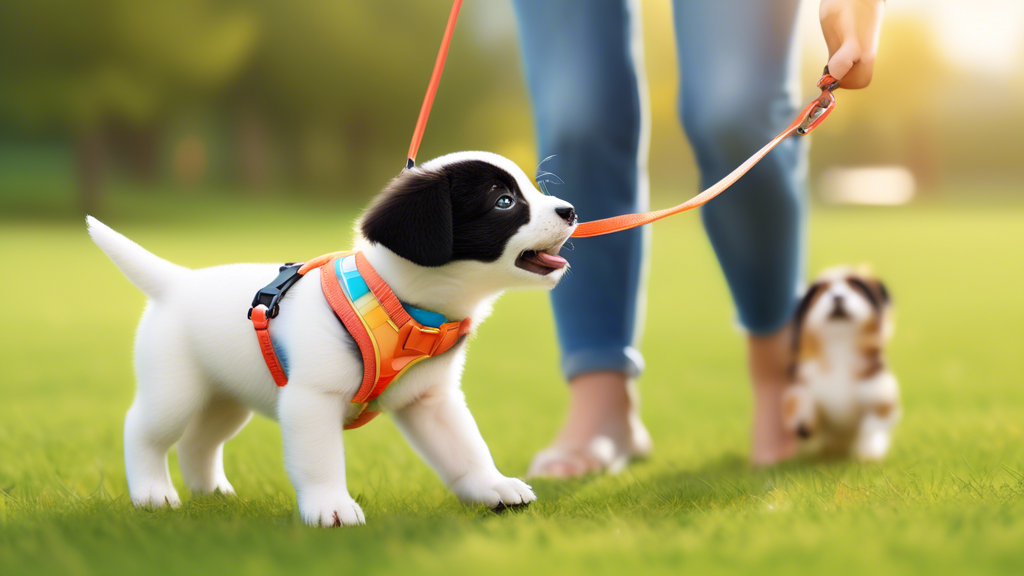 Prompt: An adorable puppy wearing a colorful, well-fitted harness and leash is standing on a grassy field. A cheerful pet owner is seen gently guiding the puppy, showing step-by-step training techniques. The scene captures the initial introduction of the harness and leash, featuring the owner holding a treat to encourage the puppy, practicing walking in a straight line, and handling common issues like pulling. The background includes a sunny park setting with trees, creating a warm and positive training atmosphere.