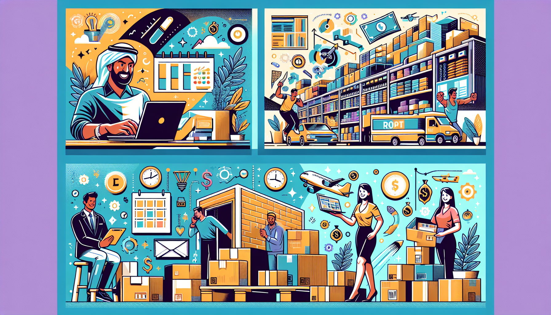 Create an image that showcases three different lucrative side hustles: a person typing on a laptop for freelance writing and content creation, a bustling e-commerce warehouse with products being packed and shipped, and a real estate agent showing a rental property to a couple. The background should imply a sense of financial success and flexibility, with elements such as a calendar, money, and time management icons subtly incorporated. Include a vibrant and motivating color palette.