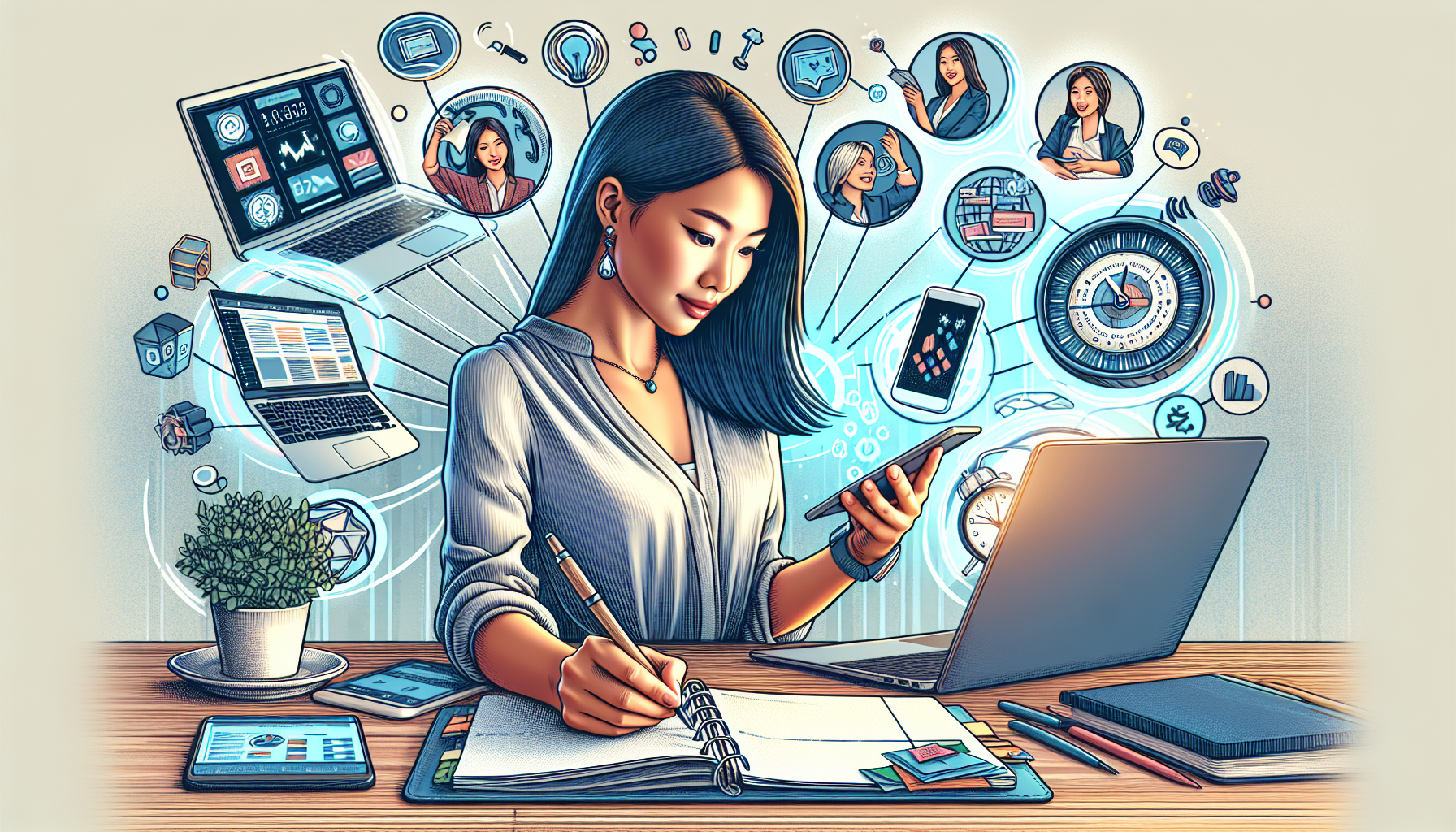 Create an image showcasing a young professional working on multiple lucrative side hustles simultaneously. The person is managing their time efficiently by using a planner, leveraging various online platforms and tools on their laptop and smartphone, and displaying a branded logo to highlight their personal brand. The workspace is modern and organized, reflecting productivity and success in side gigs such as freelance writing, e-commerce, and digital marketing.