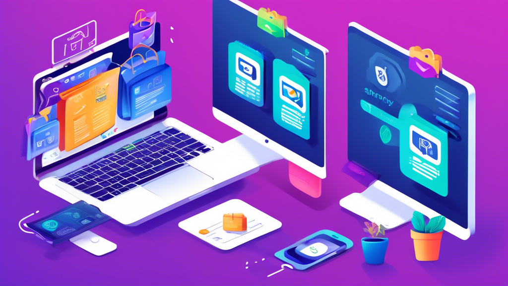 A vibrant illustration depicting customization of a privacy policy for different e-commerce platforms like Shopify, WooCommerce, and BigCommerce. The image shows three distinct laptops, each with a different platform