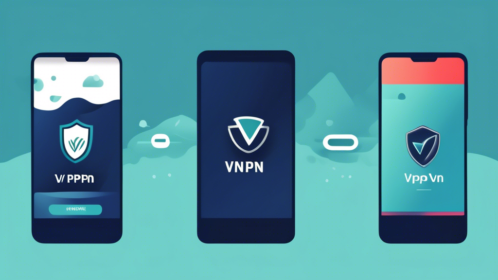Create an image depicting five mobile devices, each displaying the logo of a different top VPN service for Android in 2023: ExpressVPN, NordVPN, Surfshark, CyberGhost, and ProtonVPN. Each device should have a brief highlight of unique features or strengths of the respective VPN service, such as 