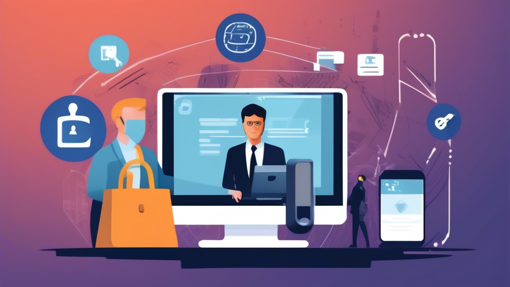 Create an image illustrating Practical Strategies for Enhancing Digital Privacy Protection. The image should depict a person at a computer, implementing strong password practices, setting up two-factor authentication on their smartphone, and encrypting a file on their device. Visual elements should include a complex password generation screen, a two-factor authentication prompt, and a progress bar of file encryption. The background should subtly incorporate digital elements like binary code and padlock symbols to emphasize the theme of digital privacy protection.