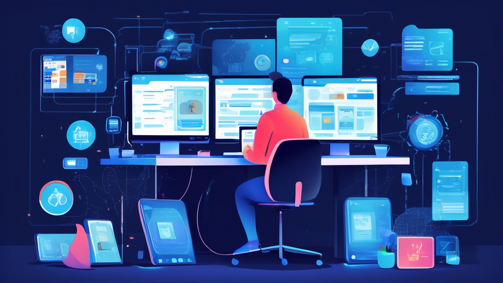 Create an image showing a person sitting at a desk surrounded by advanced digital privacy tools and software. The scene should include multiple screens displaying VPN interfaces, secure browsers, and encrypted messaging apps. The desk should be cluttered with icons representing system updates and audit checklists. Additionally, show the person checking items off a Cyber Hygiene Checklist with tasks such as Update Software, Run Security Audit, and Check VPN Status. The overall theme should emphasize the importance of advanced tools and consistent practices in maintaining digital privacy protection.