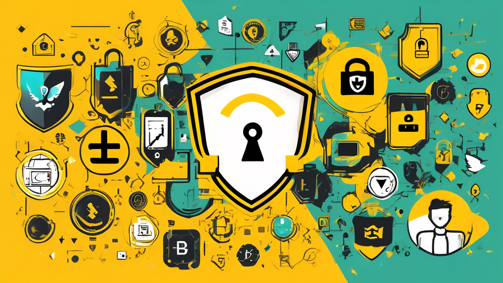Create an image of the Binance logo surrounded by digital security symbols like locks, shields, and cryptographic keys. In the background, include a sense of regulatory compliance by subtly incorporating symbols of law and justice such as scales or a checkmark. Add a few user reviews in speech bubbles around the edges, showcasing positive feedback and a high level of trust. This represents the robust security measures and the trust Binance has built within the cryptocurrency community.