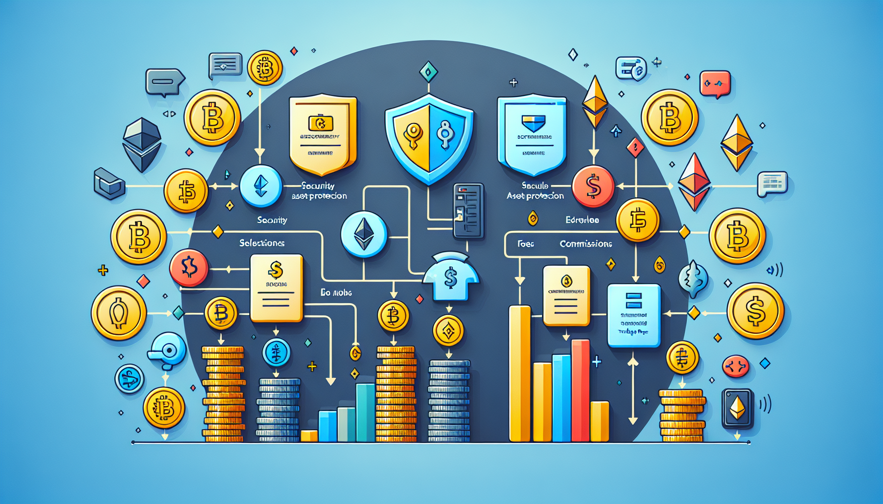 Create an image that depicts various cryptocurrency trading platforms as a comparison chart or infographic. The visual includes essential criteria for selection: security and asset protection symbolized by a shield, fees and commissions visualized as coin stacks, user interface and experience represented by user icons and smooth navigation paths, and supported cryptocurrencies illustrated by various cryptocurrency logos (like Bitcoin, Ethereum, Litecoin) connected to trading pairs. The chart should be clean, modern, and informative to represent the decision-making process for choosing the best platform.

Keyword: cryptocurrency trading platform, comparison criteria.