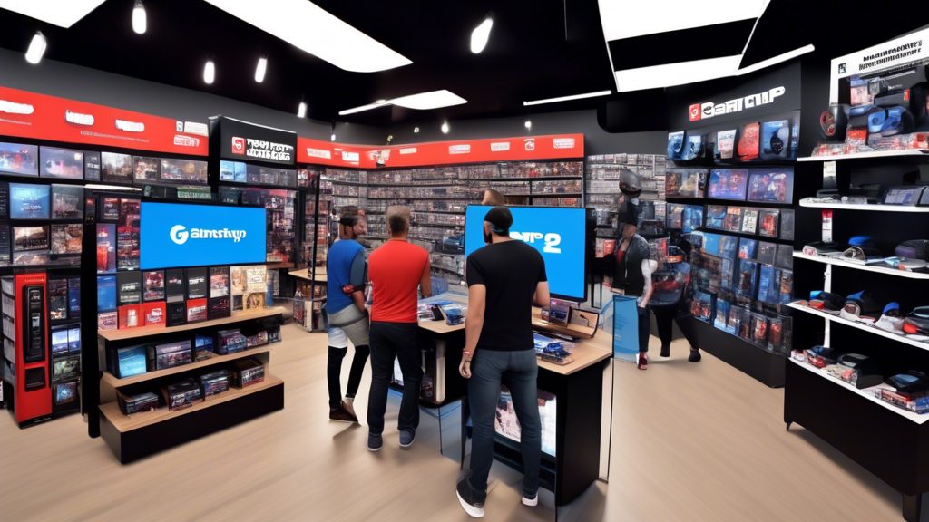 A vibrant GameStop store interior showcasing excited customers exploring a dedicated PSVR2 section. Highlighted on one side are informational boards detailing exclusive warranties and protection plans for PSVR2, while another section features a trade-in counter with friendly staff explaining discount offers. Prominently displayed are positive customer reviews praising the PSVR2 purchase experience at GameStop, adding a layer of community trust and satisfaction.