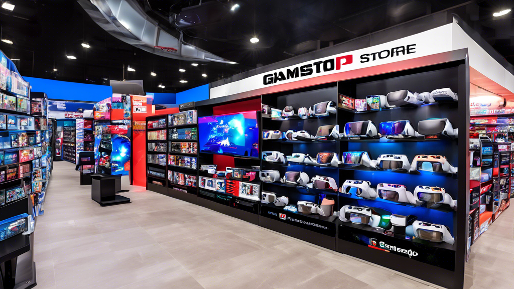 A vibrant GameStop store display featuring upcoming PSVR2 titles and accessories. Shelves are lined with vivid game cover art, showcasing pre-order information for the latest releases. Nearby, an array of PSVR2 peripherals like controllers, VR headsets, and charging stations are neatly arranged. A digital screen in the background teases sneak peeks and trailers of future PSVR2 games and accessories, creating excitement for what