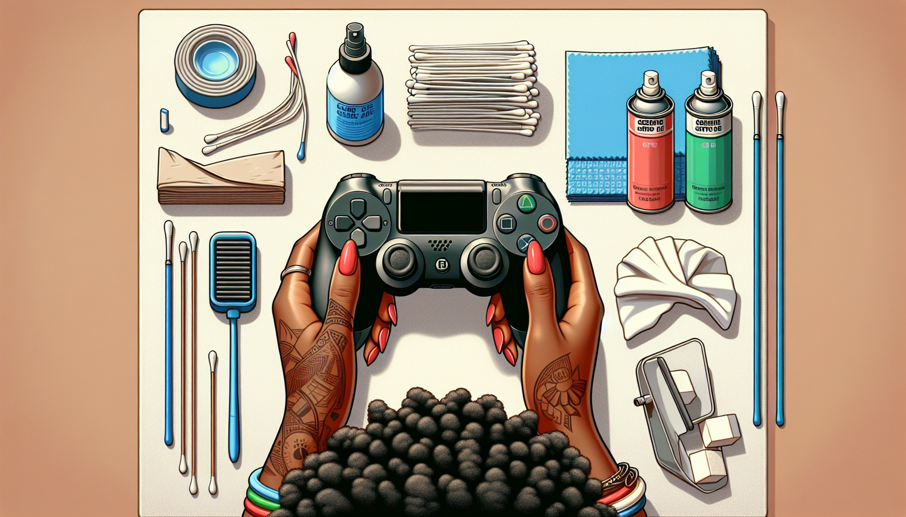 Create an image of a PS4 controller being carefully cleaned. It should show close-up details of a person using a soft cloth to wipe the controller