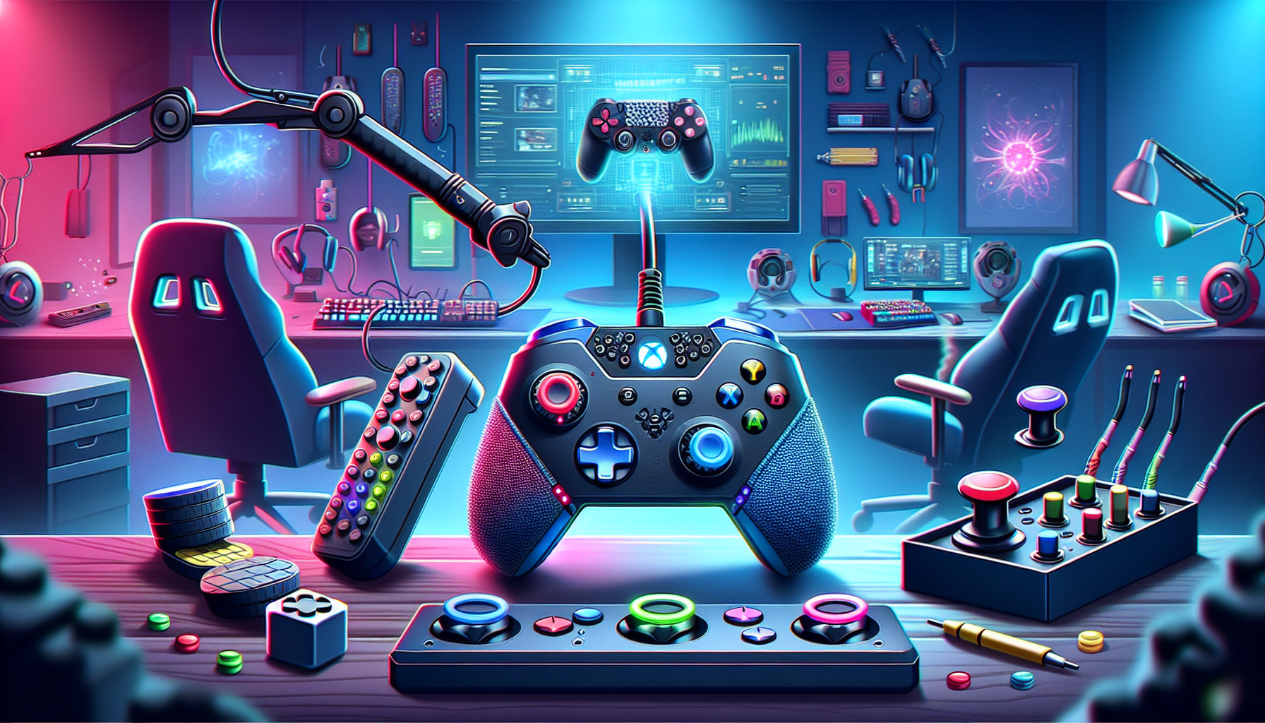 Create an image that highlights the enhanced gaming experience with PS4 controller accessories. Illustrate a PS4 controller with various accessories such as ergonomic grips, colorful thumbstick caps, a charging station with multiple controllers, and high-performance mod kits in the background. Make sure the scene is in a stylish gaming setup with a vivid, energetic atmosphere.