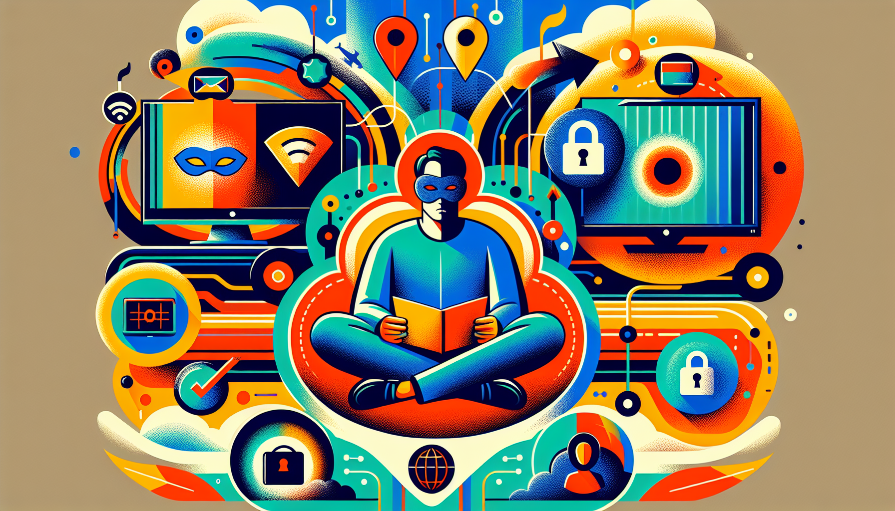 Create an image showing a person comfortably streaming content on a smart TV, a computer, and a smartphone simultaneously, with elements illustrating NordVPN