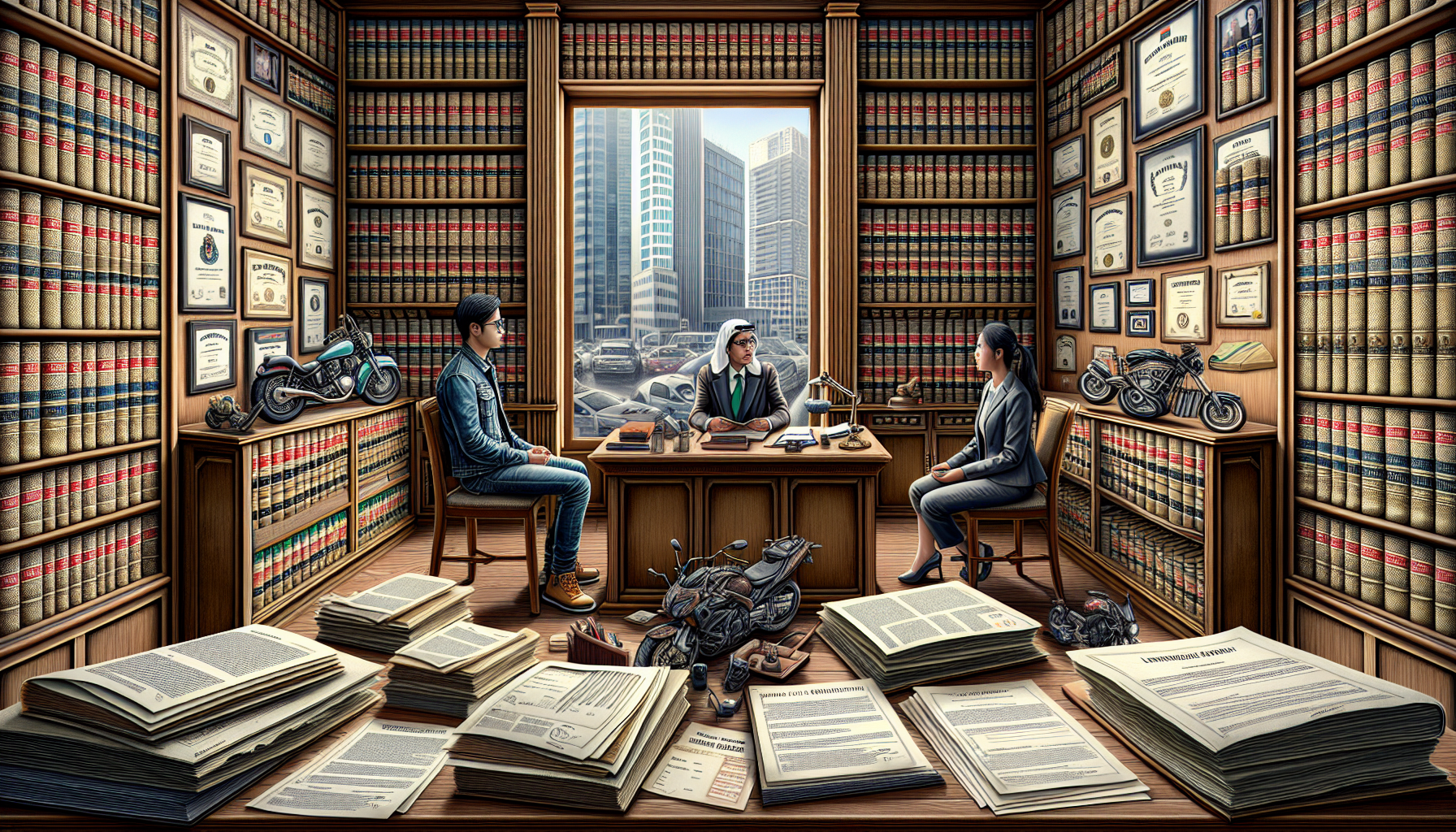 Prompt: A detailed illustration of a potential client sitting across from a lawyer in a consultation room, filled with legal books and certificates on the walls. The client, a motorcyclist wearing casual clothing, appears engaged while the lawyer, who is specialized in motorcycle accidents, explains documents and statistics spread out on a large wooden table. The room has a window showing a view of the city, adding depth and relevance to the environment where motorcycle incidents are frequent.