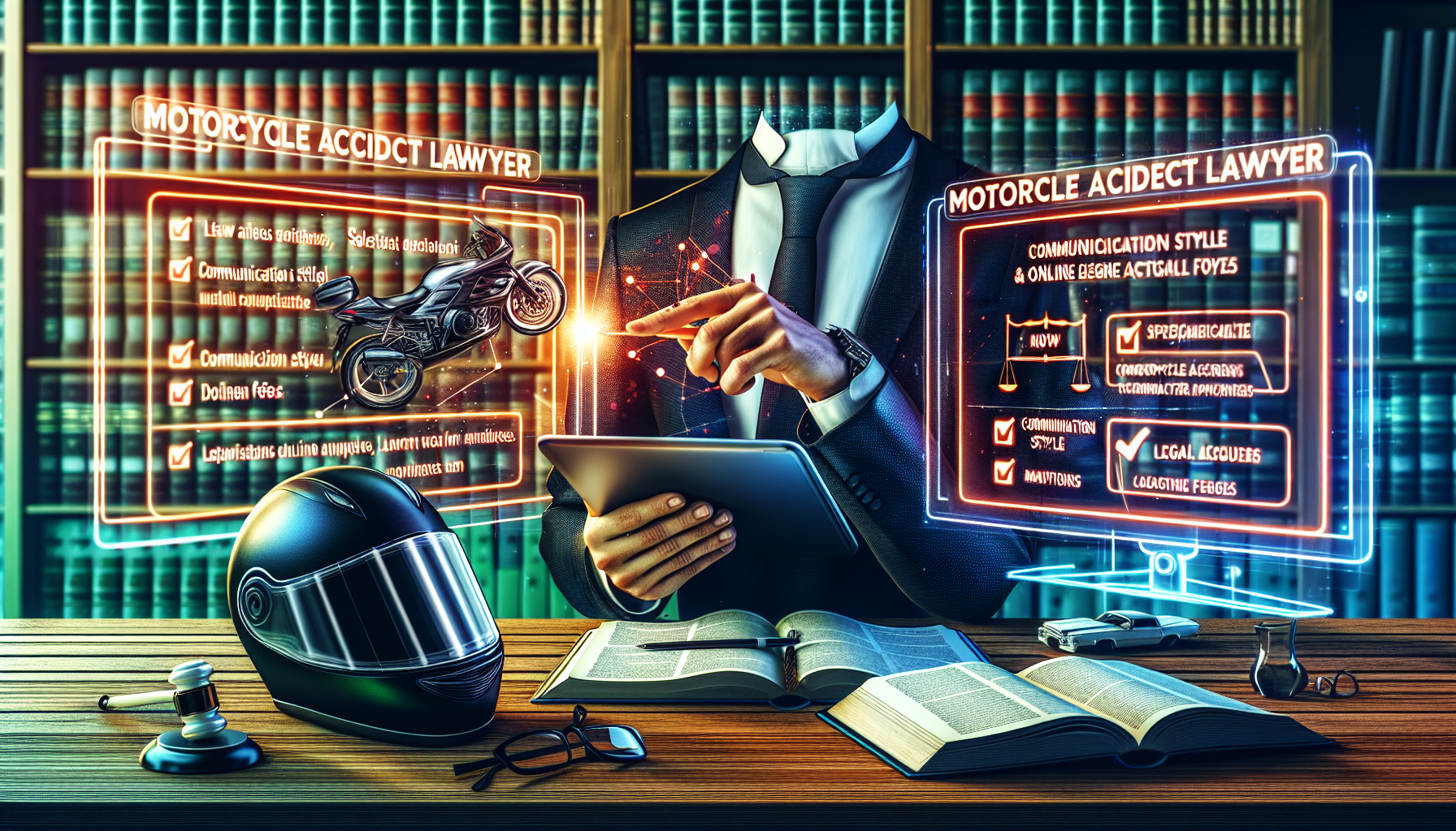 Create an image of a diligent person meticulously researching on a digital tablet, surrounded by two screens displaying legal directories and online review platforms. On the desk, there