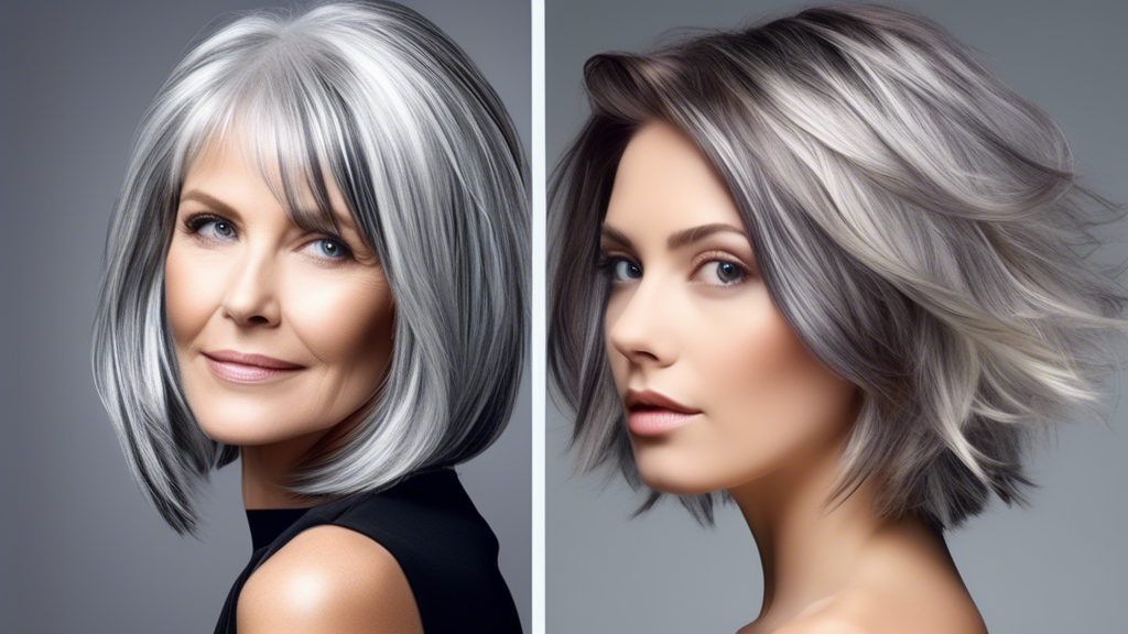 Create an image that shows a variety of hair foil styles on grey hair, with options ranging from subtle, natural highlights to bold, vibrant tones. This should include a close-up of hair sections with different types of foils applied, showcasing the versatility of color foils for transforming or enhancing grey hair. The scene is set in a modern, stylish hair salon with a professional stylist working on a client