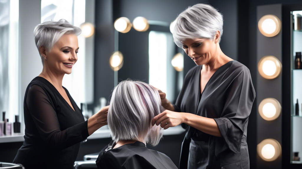 Create an image that captures the essence of expert tips for applying colour foils to grey hair. The scene should be set in a stylish, well-lit hair salon. A professional stylist, looking approachable and knowledgeable, is meticulously applying colour foils to a client