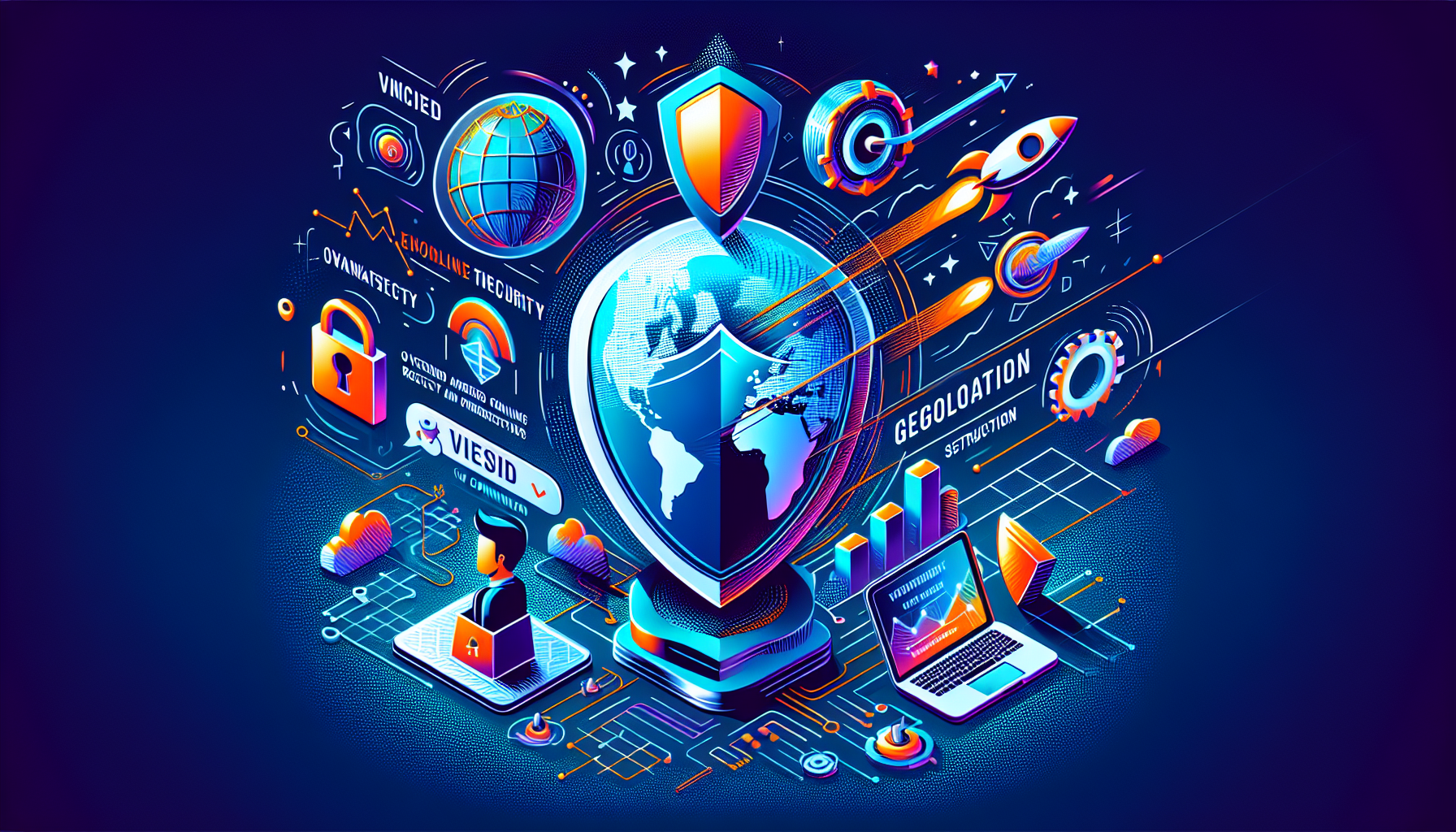 Create an image highlighting the key benefits of using Pure VPN. Show an online user with a shield representing enhanced security and personal data protection. Include icons or visuals depicting access to geographically restricted content and increased speed and connection stability. Ensure the overall theme uses clean, modern graphic design elements.