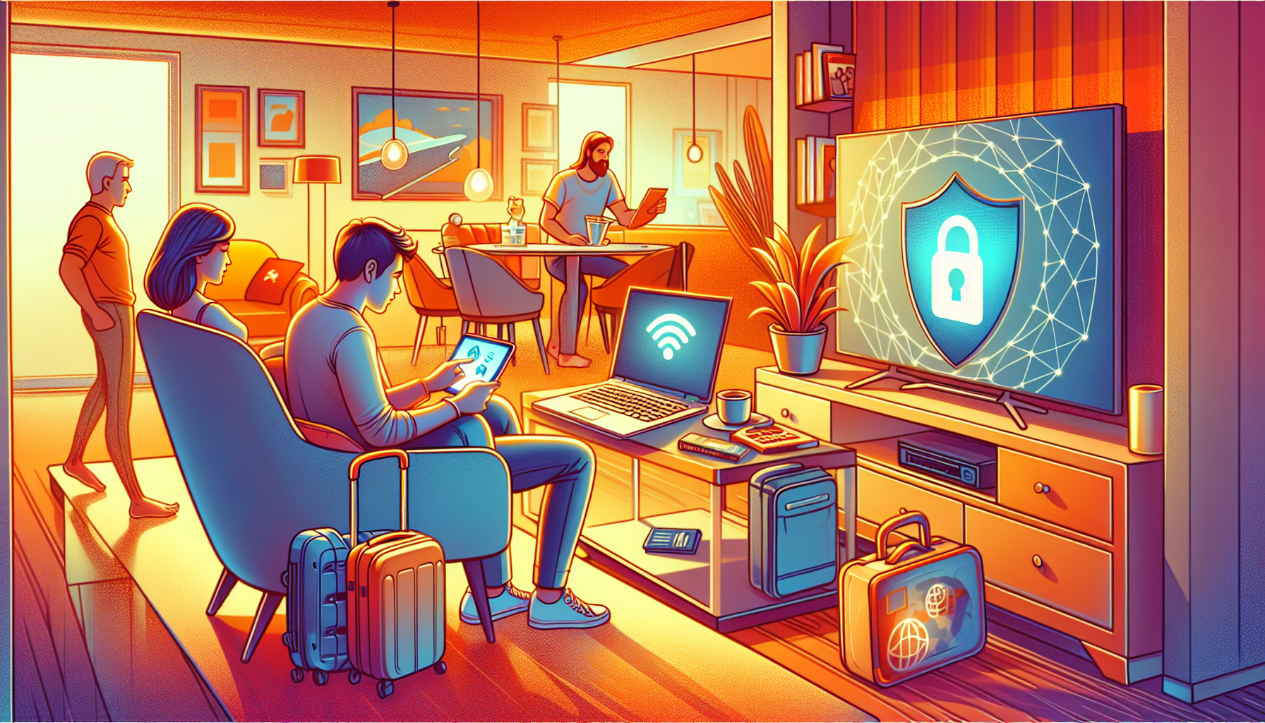 An individual sitting in a cozy living room, using a laptop with Pure VPN activated, streaming a movie on the TV. In the background, another person is working on a tablet with Pure VPN enabled, showing a secure connection on a café