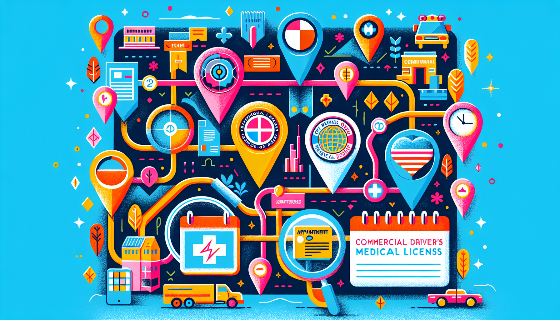 An illustrated map with pin markers showing CDL-approved doctors in various city locations, complemented by symbols of the FMCSA’s National Registry logo, a magnifying glass inspecting a medical certificate, and a calendar with marked appointment dates.