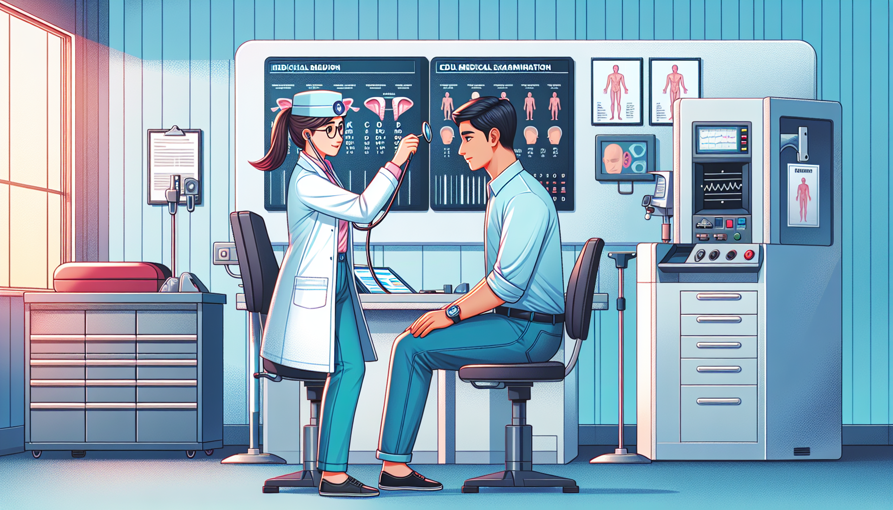 An illustration depicting a CDL medical examination room with a doctor performing a health check on a commercial driver. The room is equipped with medical equipment for hearing and vision tests, and there’s a chart on the wall showing the medical standards for CDL holders. The setting is calm and professional, highlighting the thoroughness and attention to detail during the examination process.