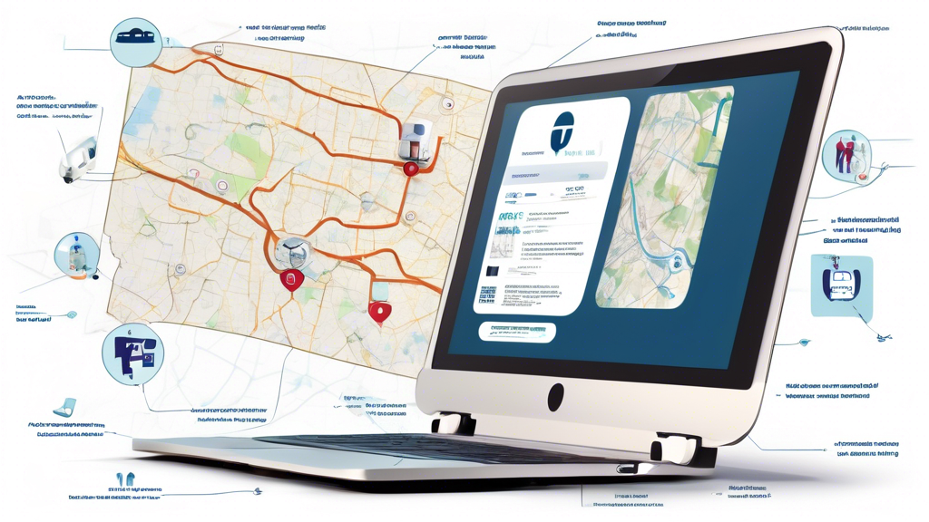 Create an image showing a truck driver using a laptop, with a map interface displayed on the screen. The map is populated with multiple medical service pins/context points. Around the driver, include symbols like a stethoscope, a medical certificate with an FMCSA logo, and an office or clinic sign to signify medical services. Ensure the driver looks relaxed and the setting appears professional and supportive.**DALL-E Prompt:** A truck driver sitting at a desk using a laptop with a map interface showing multiple locations of CDL medical services. The screen displays pins and medical service points. Around the driver, include symbols like a stethoscope, a medical certificate with an FMCSA logo, and a clinic sign. The setting is professional and supportive, showing the ease of finding CDL medical services online.