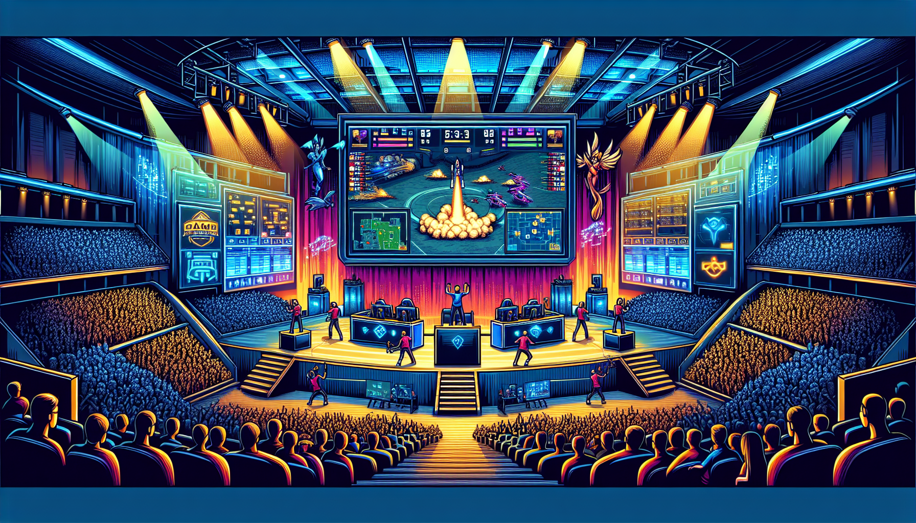 Create an action-packed, dynamic illustration showcasing the thrill of a major Apex Legends tournament. The scene should feature intense gameplay with top-tier players, visually representing the ALGS (Apex Legends Global Series). Highlight the high stakes of the competition with a grand stage setup, large screens showing live feeds of the game, and an enthusiastic audience in the backdrop. Emphasize the strategic elements by including player stats, team banners, and tactical HUD elements. Capture the essence of skills, strategies, and team dynamics that make these tournaments significant in the competitive landscape.