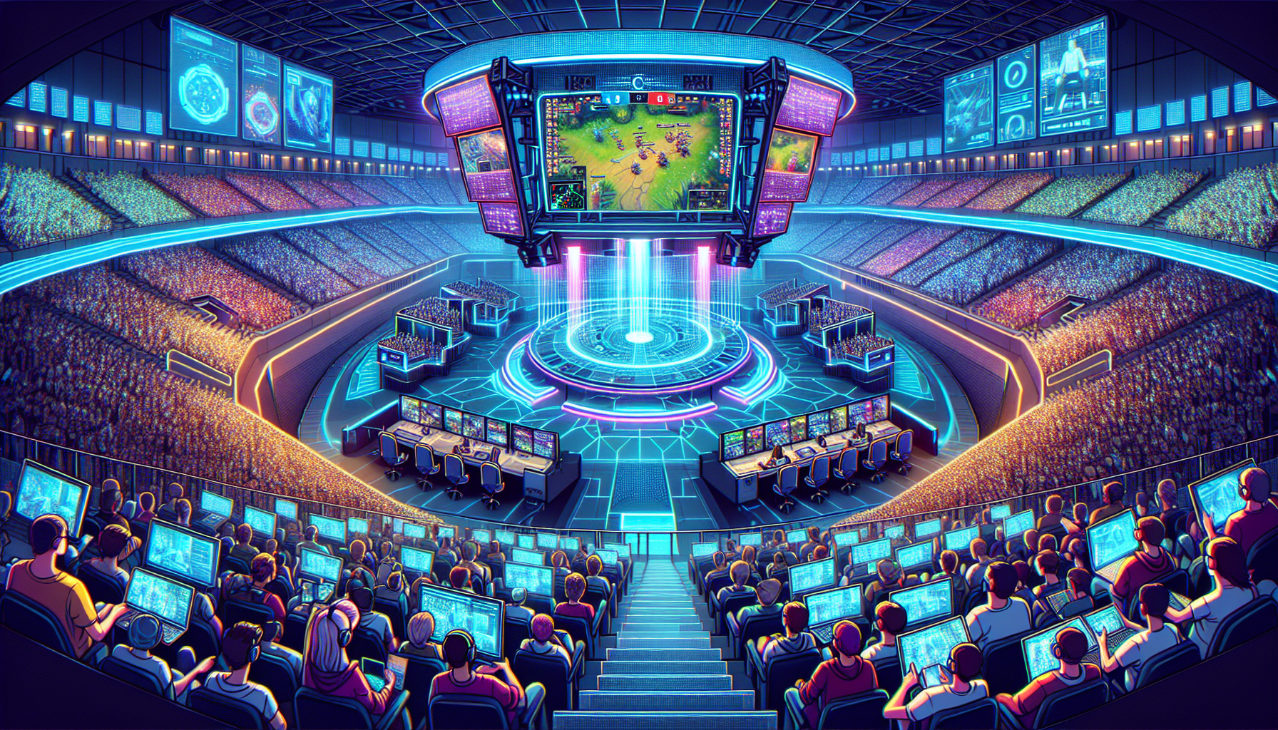 A hyper-realistic image capturing the future of Apex Legends tournaments. Showcase a state-of-the-art streaming setup with advanced hologram technology projecting live Apex Legends gameplay in a futuristic stadium filled with roaring fans. Highlight fans engaging via immersive virtual reality headsets and interactive platforms. Emphasize the integration of cutting-edge graphics, smart analytics displays, and announcers in dynamic virtual environments, enhancing both player experience and community engagement.

**Keyword**: Apex Legends tournaments