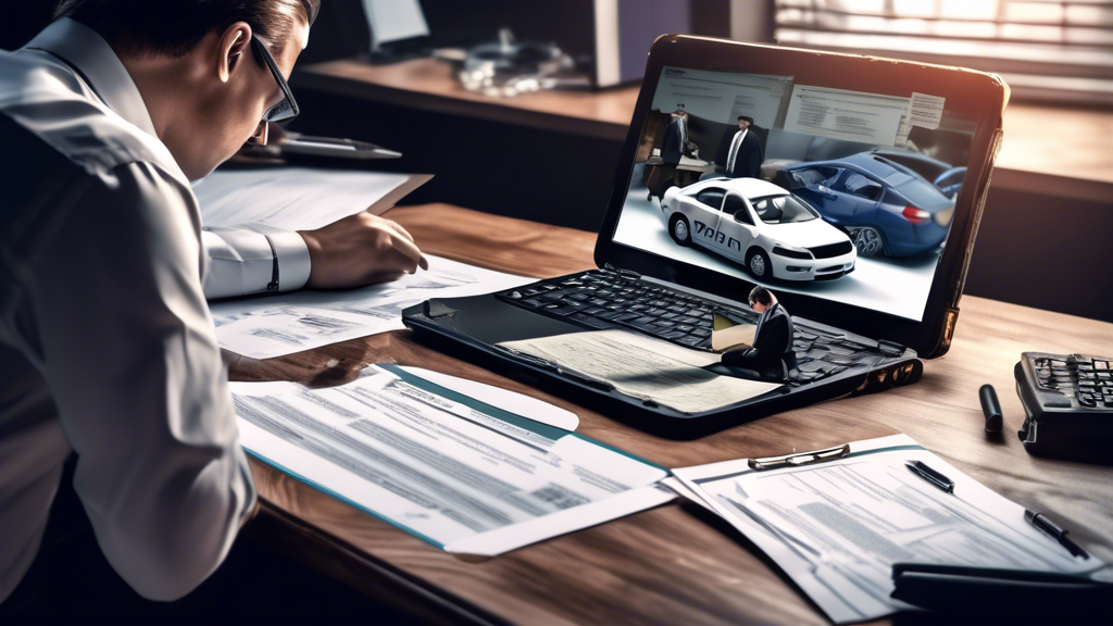Create an image depicting an automobile accident lawyer meticulously gathering and examining various pieces of evidence. Show the lawyer holding a police report in one hand and looking at a laptop with accident scene reconstruction software. Surround them with elements like witness statements, medical records, and technical equipment. Incorporate a background scene that subtly hints at an office or a workspace where investigation and analysis take place. This image should convey diligence, expertise, and the thorough process involved in building a strong legal case.