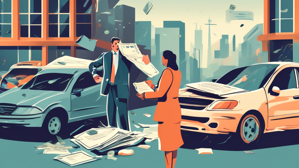 Create an illustration that depicts a person stepping out of a car accident scene, looking relieved as they speak with a confident and professional automobile accident lawyer. Surround them with symbols representing the benefits of hiring such a lawyer: a stack of money (maximizing compensation), an insurance policy document (navigating insurance claims), and a calendar with checked-off dates (handling paperwork and deadlines). The background should subtly hint at the complexities of an insurance claim and legal paperwork.