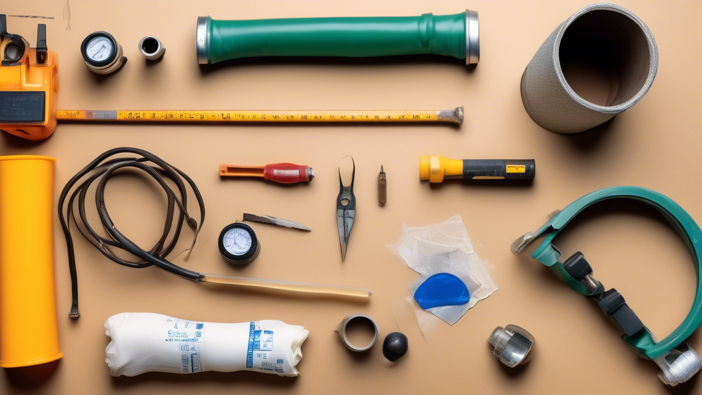 DALL-E prompt for an image related to outline point #2:

A flat lay image of essential tools and materials for DIY pipe liner repair, including safety goggles, work gloves, a pipe inspection camera, epoxy resin, fiberglass cloth, a putty knife, sandpaper, and a measuring tape, arranged neatly on a workbench with a damaged pipe section visible in the corner.