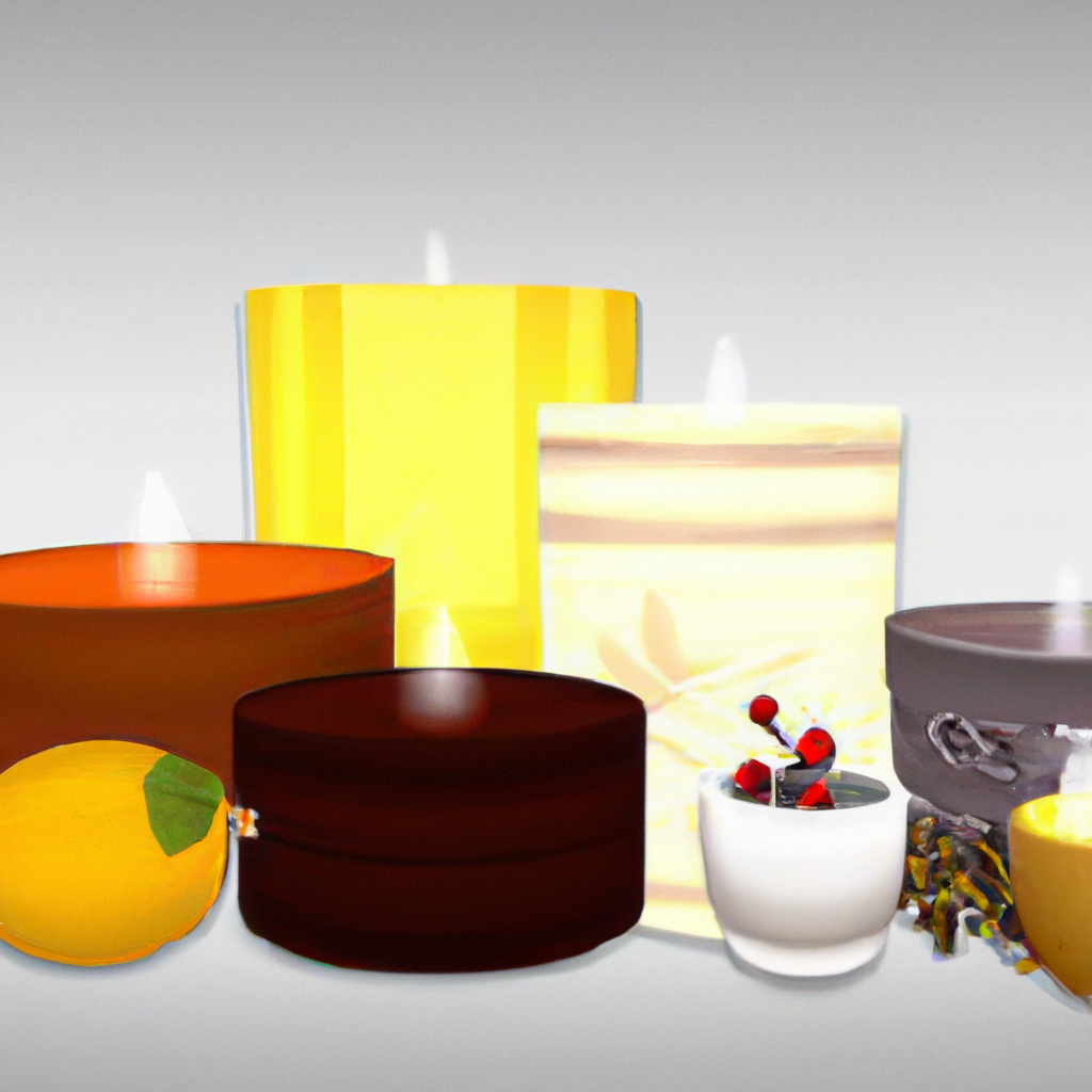 Create an image of an elegantly designed shop shelf displaying an array of beautifully crafted scented candles. Each candle should have labels indicating different scent categories like 