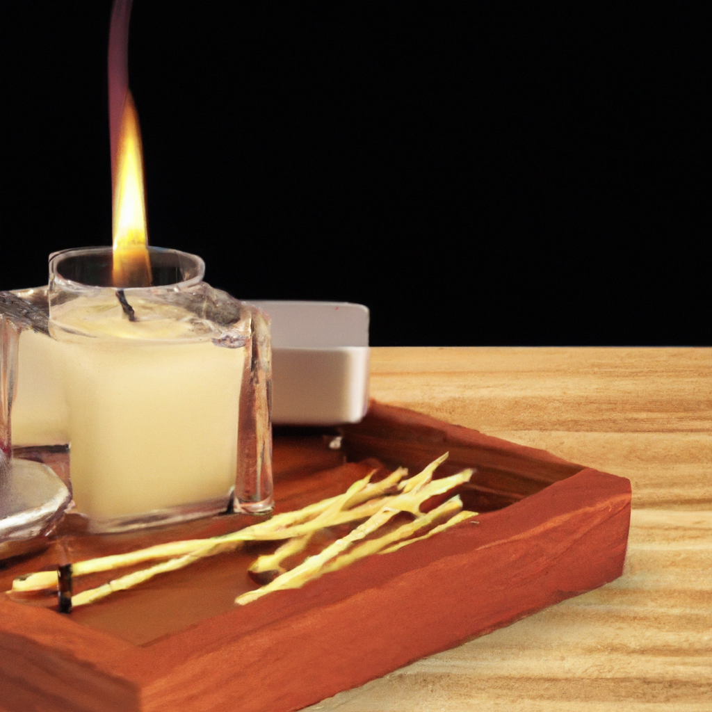 Create an image featuring a close-up of a beautifully crafted scented candle, placed elegantly on a wooden tray. The candle has a well-trimmed wick and is shown being extinguished with a candle snuffer. Surrounding the candle are small accessories like a wick trimmer and a snug lid, implying proper storage and care. The background should include soft, ambient light to highlight a serene and cozy setting. Text overlay reads Caring for Your Scented Candle: Tips for Longevity and Optimal Use.