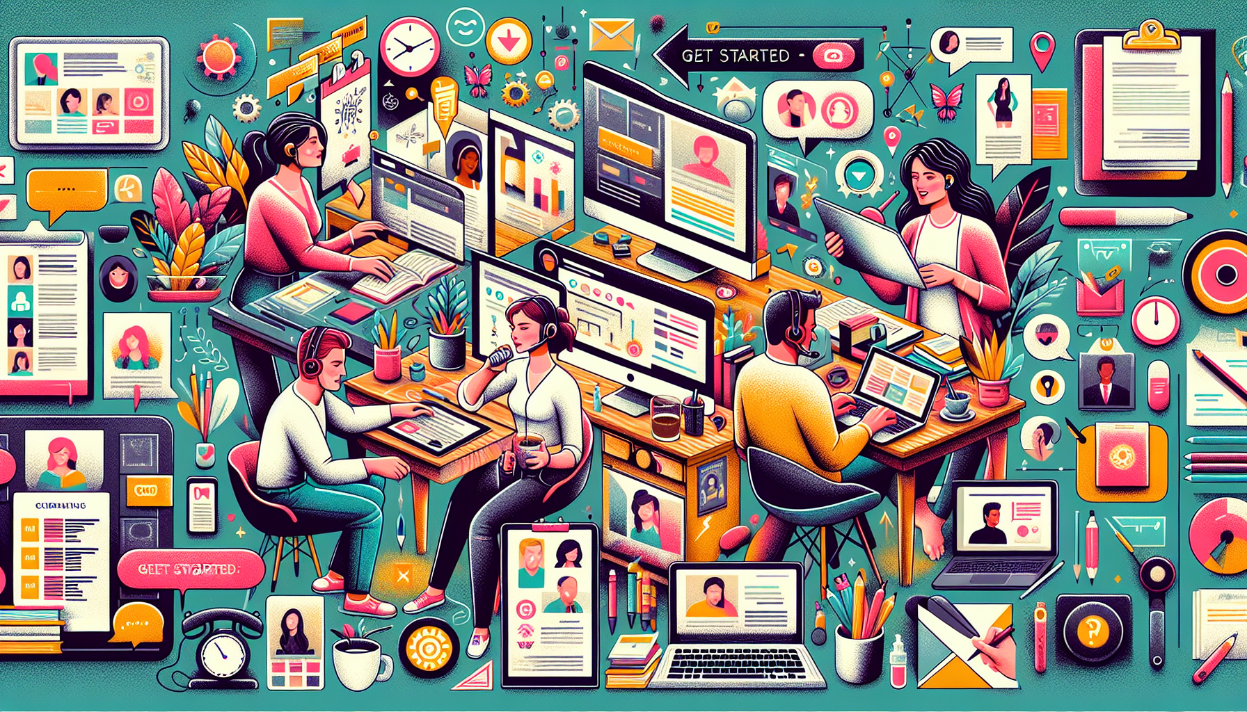 A detailed illustration showcasing individuals engaging in various high-paying side jobs from the comfort of their homes. One person is typing on a laptop, illustrating freelance writing, with a stack of books and a cup of coffee nearby. Another is working on a tablet with a stylus, creating digital art for a graphic design project, with colorful sketches and designs on a screen. A third individual is seen as a virtual assistant, managing schedules and emails on a desktop computer, with a headset on. All are in cozy, home-office environments to emphasize the comfort and flexibility of working from home. Surrounding the main characters, include symbols or small icons representing skills and qualifications, such as certificates, badges, and client reviews, along with tips like Get Started signs and logos of reputable freelance platforms. The overall scene should convey a sense of productivity, skill, and financial success within a home setting.