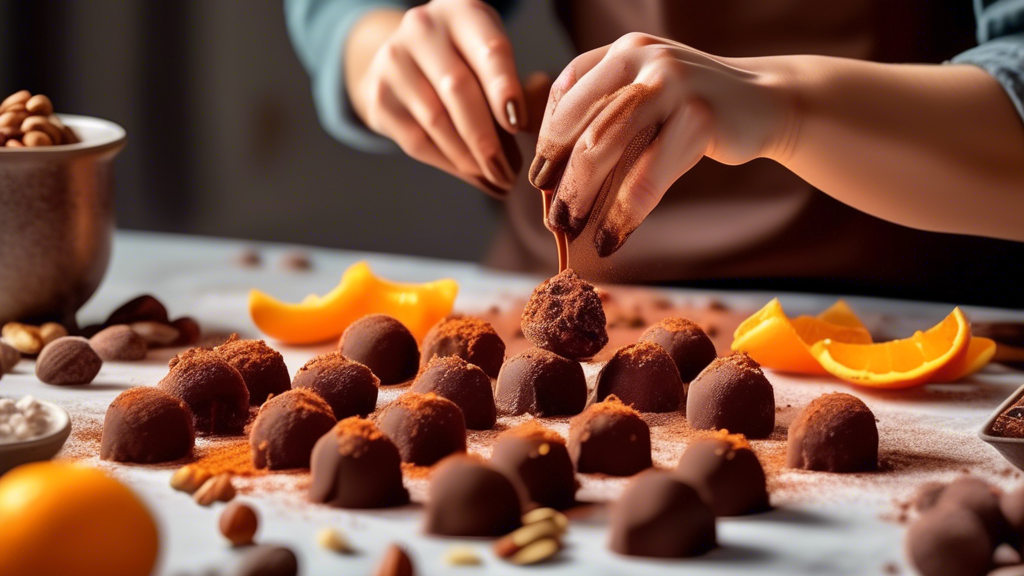 Close-up image of hands shaping homemade chocolate truffles in a bright kitchen, with a variety of coatings (cocoa, nuts, powdered sugar) spread on the table. Nearby, a colorful array of natural flavoring ingredients like orange zest, sea salt, and lavender add a touch of creativity. Aesthetic, warm lighting enhances the artisan vibe of this chocolate making scene.