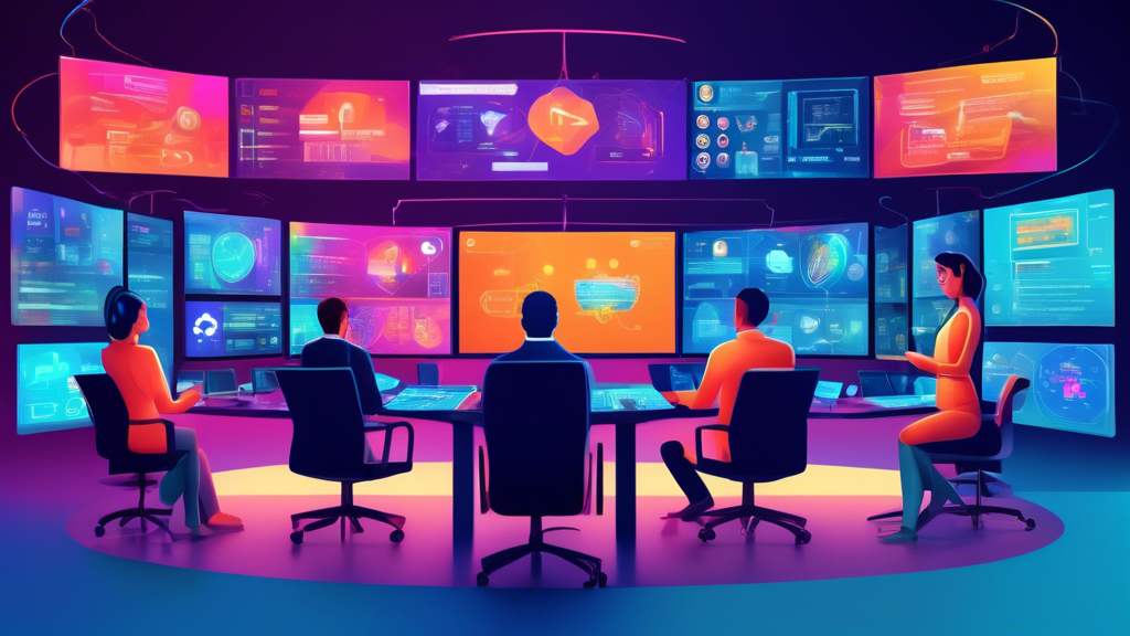 An illustration showing a futuristic control room with multiple large screens displaying data protection dashboards from various leading internet privacy companies. Each screen showcases company logos, key features, and user reviews. Additionally, include diverse tech professionals engaging in discussions and comparing the features, pricing, and user reviews of these services.