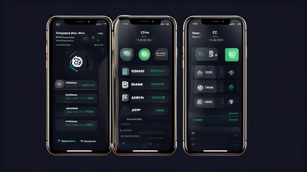 Create an image showing a split screen with five different smartphone screens, each displaying a different crypto trading app interface. Label each screen with 