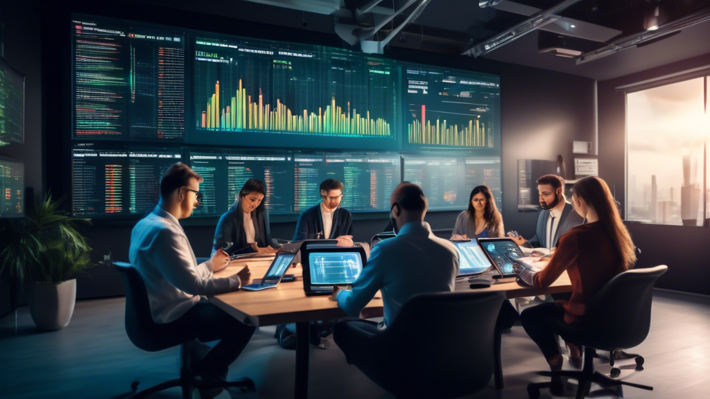 An image of a diverse group of people analyzing various crypto trading apps on their smartphones and tablets. They are seated around a large table with charts, graphs, and financial data prominently displayed on their screens and on a large digital board in the background. The scene is set in a modern, high-tech room with natural light. Each person is focusing on different aspects like fees, customer support, trading goals, and app usability. Keywords: best app for crypto trading, analyze, diverse group, high-tech, modern.