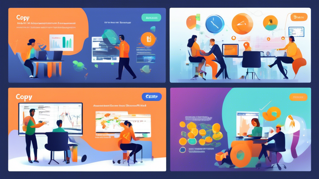 Create an image that visually represents the advantages of copy trading on Bitget. The scene should include people engaging in various activities that highlight time savings and reduced effort in market analysis, with graphical representations of experienced traders