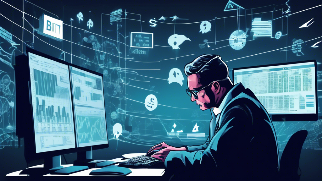 Prompt: An illustration of a trader looking concerned while using the Bitget platform on their computer. Surrounding the trader are ghostly images of other traders making decisions that the main trader has no control over. Dollar signs with downward arrows symbolize potential losses due to market volatility, and a highlighted text box shows various costs and commissions piling up. In the background, legal documents and regulatory icons cast a shadow to represent legal and regulatory considerations in copy trading.